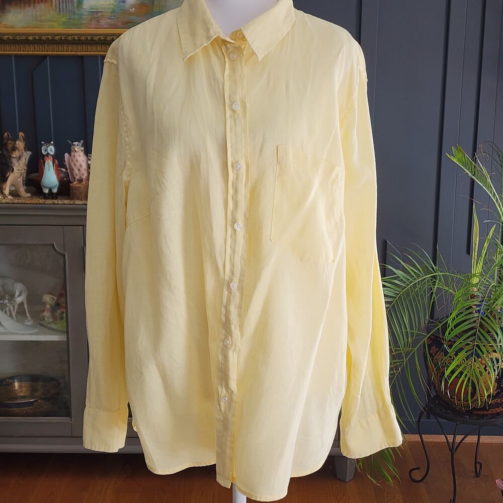 H&M 100% Linen Button Up Shirt Sz L Butter Yellow Long Sleeve